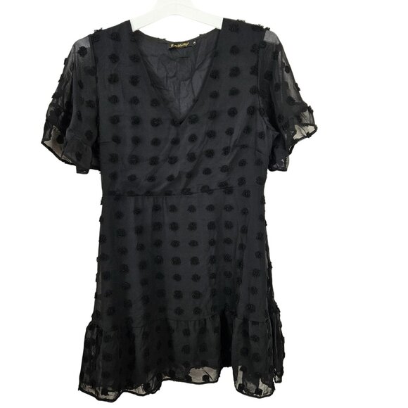 Womens Size S Swiss Dot Textured Black V-Neck Mini Dress W/ Ruffle Hem Casual - Picture 2 of 12